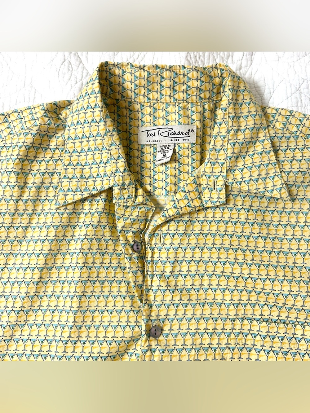 Tori Richard Yellow Martini Short Sleeve Button Up Shirt Mens Medium